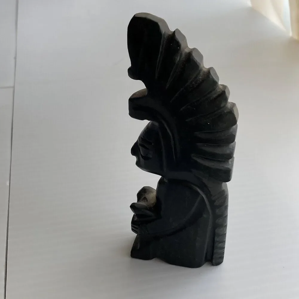 Hand-carved Aztec Head with Headdress Statue Black Obsidian 5 x 2 x 0.75 inches